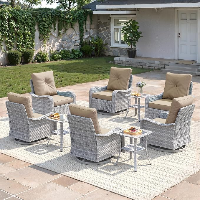 9-Piece Patio Furniture Set, Outdoor Swivel Rocking Chairs with 4" Thick Cushions & Side Table, All-Weather PE Rattan & Rust-Resistant Steel Frame Conversation Set for Porch, Garden, Backyard, Beige