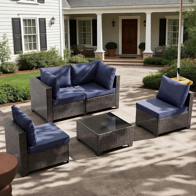 MOCHITO 5 Pcs Outdoor Patio Furniture Sets Brown Rattan Blue Cushions | All-Weather Sectional Sofa, with Glass Table, PE Rattan Wicker Patio Furniture , Washable Cushions, for Balcony Porch Garden