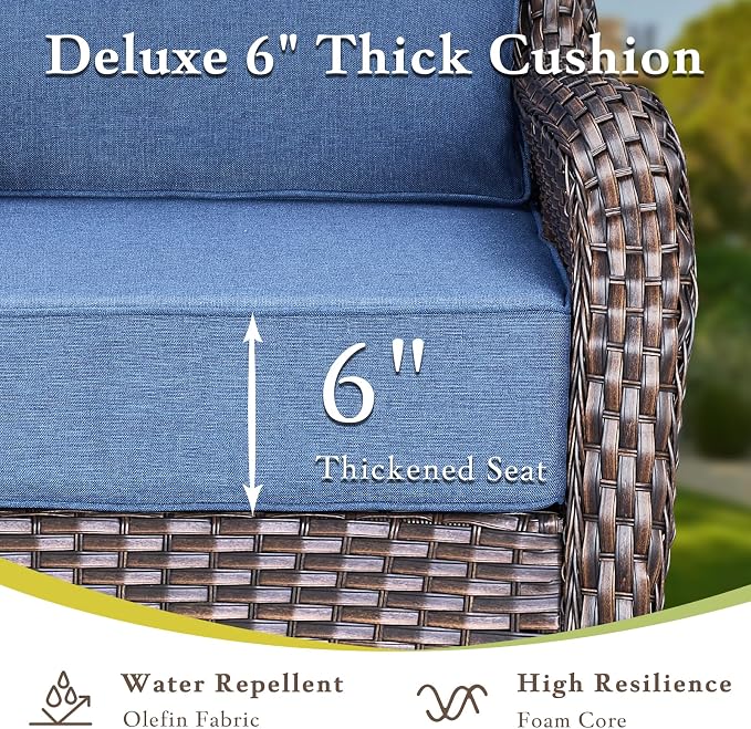 Luxury High Back Outdoor Furniture with 6-inch Extra Thick Cushions, Patio Furniture Set with Fire Pit Table & Swivel Chairs, 4 PCS Wicker Conversation Set for Yard, Deck, Poolside, Brown/Blue