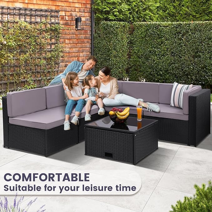 KROFEM 8 Piece Patio Furniture Set, Outdoor Modular Conversation Set,Grey | UV Treated Wickers, Machine Washable Cushions, Seats 6, 2 Hidden Storage Compartments, Rustproof Frame, Waterproof