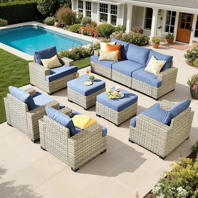 Outdoor Sectional Patio Furniture Set,9 Pieces All Weather Rattan Wicker Conversation Sets,Out Door Furniture with Ottoman Single Chair,Denim Blue