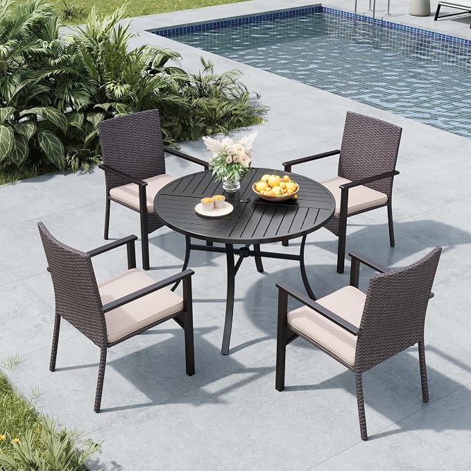 MFSTUDIO Patio Table and Chairs for 4, 5 Piece Outdoor Dining Set, Patio Round Table & Wicker Chairs, All Weather Outdoor Rattan Dining Furniture for Deck, Backyard