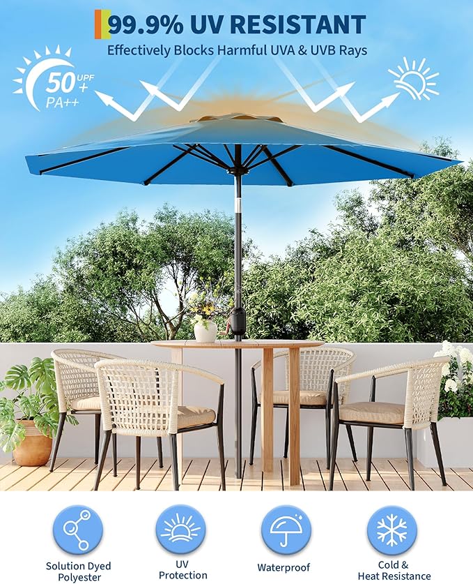 GarveeLife 9 ft Patio Umbrella, Outdoor Table Market Umbrella with Push Button Tilt and Crank, 8 Sturdy Ribs UV Protection Waterproof for Garden, Deck, Backyard, Pool (Sky Blue)