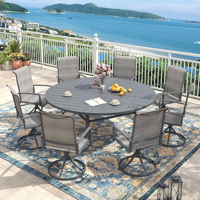 Outdoor Dining Set for 8, 63.1" Outdoor Dining Table with Umbrella Hole and Padded Textilene Patio Swivel Chairs, 9 Pieces Patio Table and Chairs Set for Garden Backyard, Grey and Dark Grey