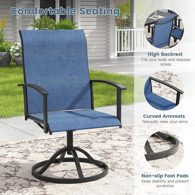 DIFY 5 Pieces Outdoor Dining Set, Metal Patio Table and Chairs Set for 4 with Umbrella Hole, 40.2" Black Square Table and Blue Textilene Swivel Patio Chairs for Garden, Backyard, Poolside