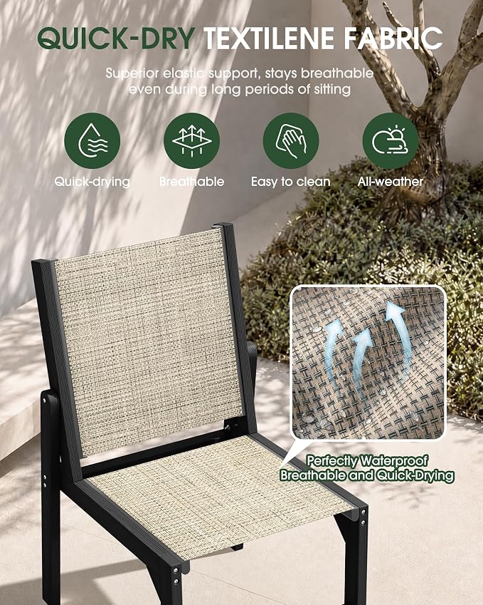 HDPE Outdoor Patio Dining Set with Table & 4 Stackable Armless Textilene Chairs, All-Weather 5-Piece Dining Table Set with Umbrella Hole, Patio Furniture for Garden, Poolside, Backyard, Deck | Black