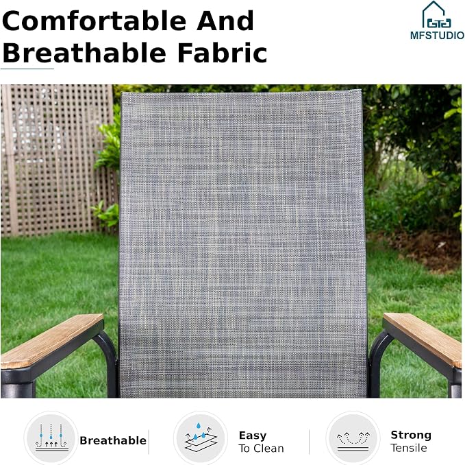 MFSTUDIO 5 PCS Outdoor Dining Set, Round Table & Aluminum Chairs, Grey | Stackbale textilene chairs, Light-weight & space-saving, Square Table, Umbrella Hole, Patio deck, 4 person