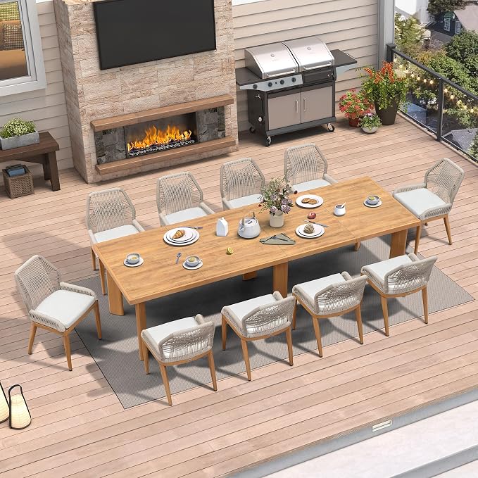 PURPLE LEAF 11 Pieces Patio Dining Set Aluminum Modern Rectangular Table and Wicker Chairs with Cushions for Kitchen Porch Garden Outdoor Furniture Sets, Teak