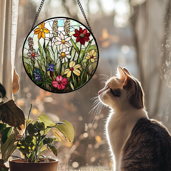 DASTOLL Stained Glass Window Hanging, Colorful Wildflowers Plant Scenery Suncatcher for Doors Window Home White Green Sun Catchers Decor Mother's Day Birthday Gifts for Women, Men Mom 9.8 in