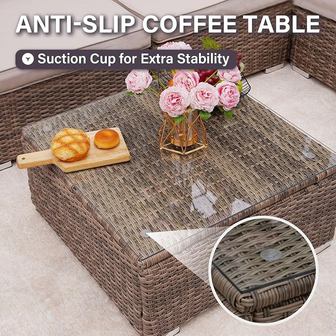 7-Piece Outdoor Patio Furniture Set, Outdoor Couch - Handwoven All-Weather Rattan & 4” Thick Waterproof Cushions, Wicker Outdoor Conversation Sets with Coffee Table for Backyard, 2026, Brown/Beige