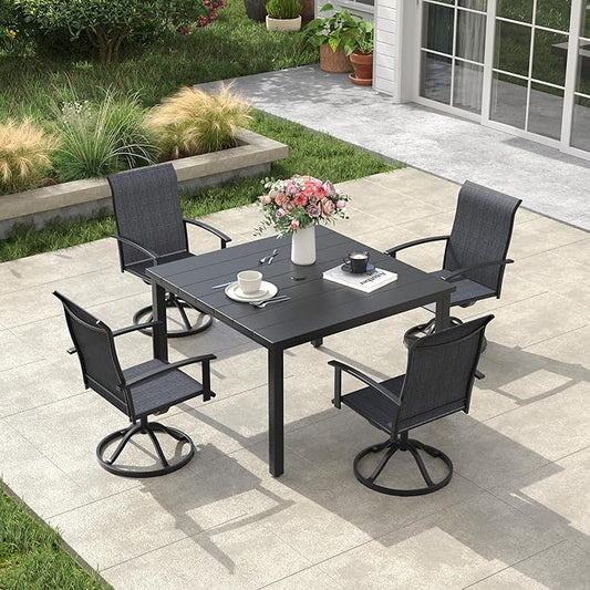 VICLLAX 5 Pieces Patio Dining Set, Patio Furniture Set of Metal Outdoor Table with Umbrella Hole and 4 Swivel Patio Chairs for Backyard Lawn, Charcoal & Black