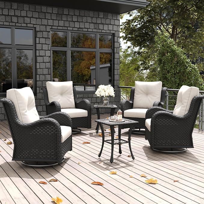 LayinSun 6 Pieces Outdoor Patio Furniture Set, Rattan Wicker Swivel Rocker Chairs Sets with Swivel Glider Chairs and Coffee Table