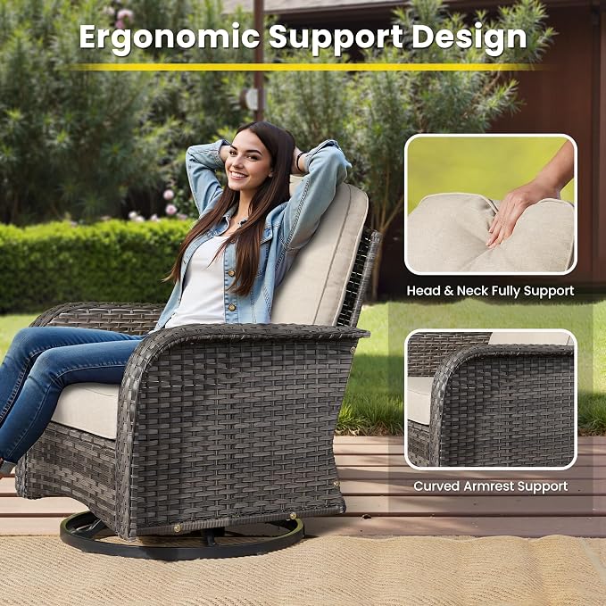 8 Pieces Outdoor Patio Furniture Set with Coffee Table, All Weather Wicker Patio Conversation Sets with Rocking Chairs, Balcony Furniture Sets for Backyard, Garden, Poolside, Beige