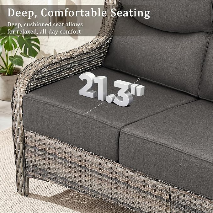 Luxury 7 Piece Wicker Patio Furniture Set with Swivel Rocker and 30“Fire Pit Table - Grey