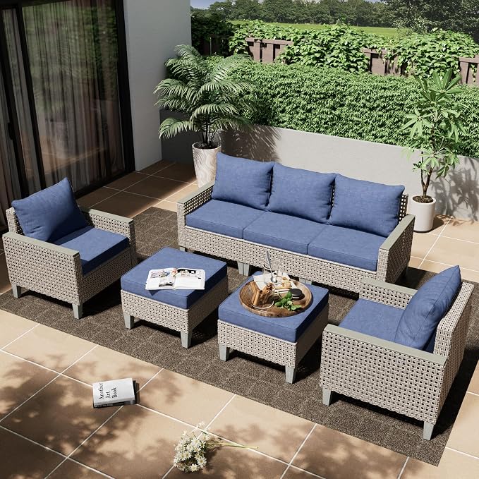 Outdoor Patio Furniture Set 7-Piece Modular Wicker Sectional Sofa with Ottomans and Thick Cushions, Modern Rattan Outdoor Conversation Couch for Garden Backyard, Navy