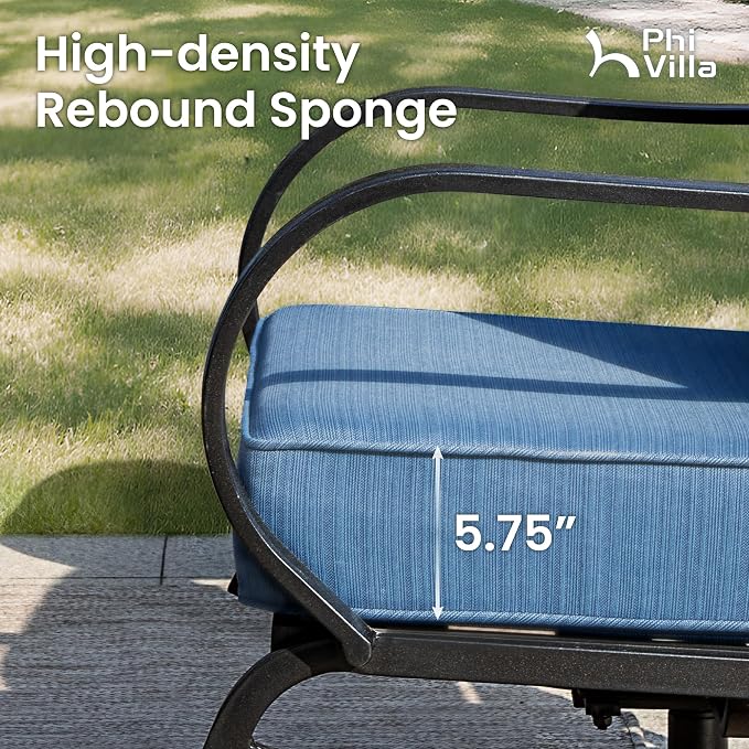PHI VILLA 7 PCS Patio Furniture Set,Metal Outdoor Furniture with 1x 3 Seater Cushioned Deep Seating Bench Sofa, 2 Swivel Chair, 2 x Leg Chairs & 2 Ottoman for 7 Person, Peacock Blue