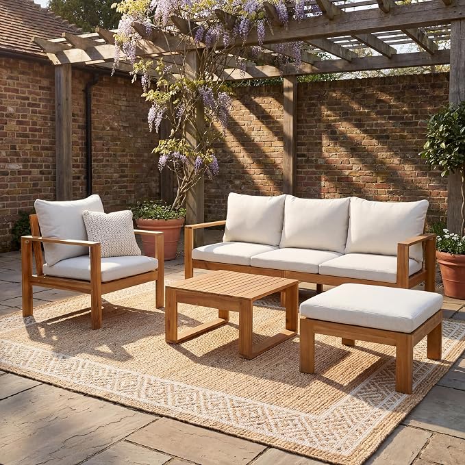 JIVOIT 4 Pieces Outdoor Sectional Sofa Set, Acacia Wood Patio Conversation Set with Coffee Table, Ottoman and 2 Chairs for Backyard Porch Garden Balcony