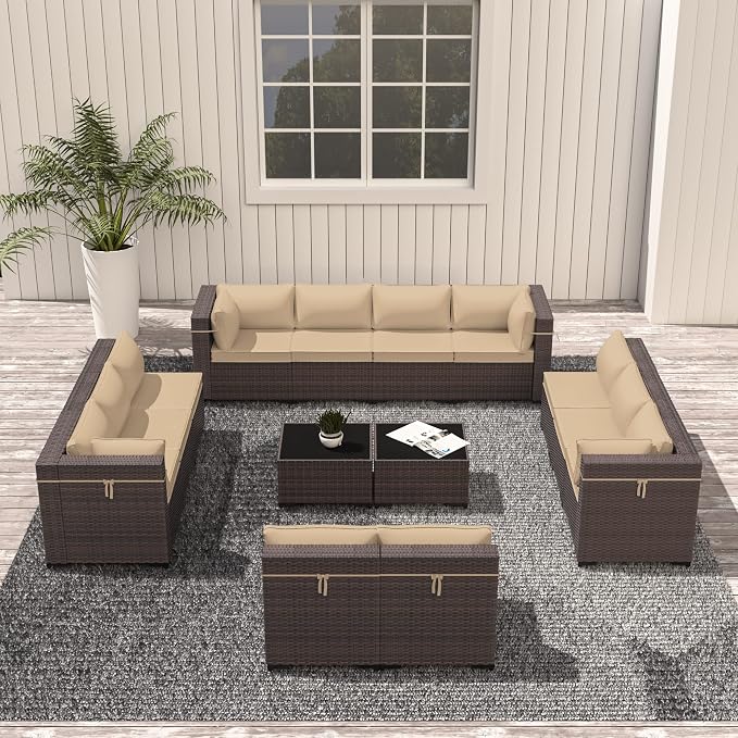 Outdoor Patio Furniture Set, 14 Pieces Outdoor Sectional Furniture Patio Sofa, All-Weather PE Rattan Patio Conversation Set with Tempered Glass Top Table & Cushions(Brown).