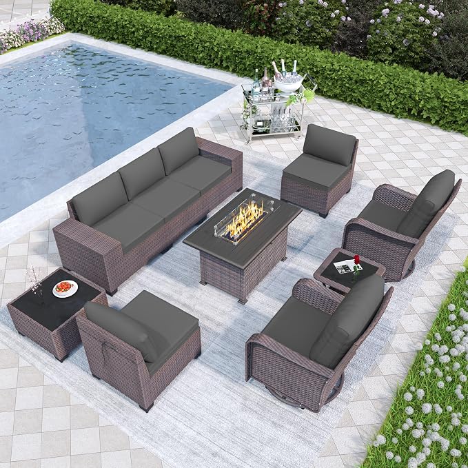 Patio Furniture Set 10 Pieces Outdoor Furniture Patio Conversation Set w/43in 55000 BTU Propane Fire Pit Table,PE Rattan Wicker 10 Pcs Outdoor Sofa Set w/Swivel Rocking Chairs,Grey