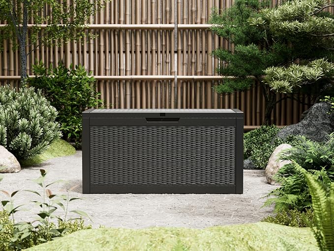 Outdoor Storage Box, 60 Gallon Resin Deck Boxes Outdoor Waterproof For Patio Furniture, Garden Tools, Pool Supplies, Lockable And UV Resistant (Rattan Black)