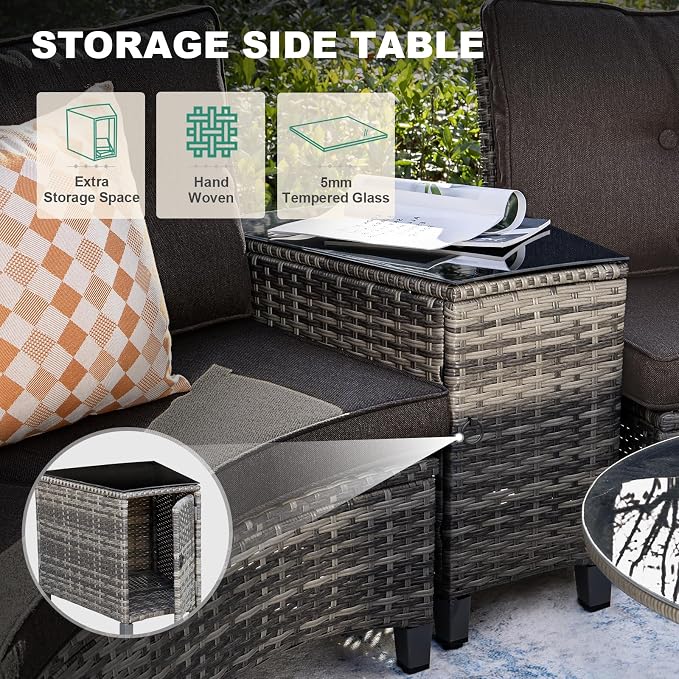 MEISSALIVVE 6-Piece Half-Moon Curved Outdoor Patio Furniture Set, Sectional Conversation Sofa with Wood Armrests, Coffee & Side Tables for Backyard Deck Garden, Black