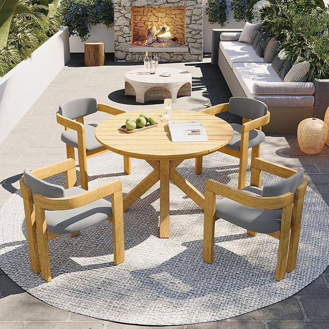 5-Piece Outdoor Acacia Wood Round Dining Set, All-Weather Round Dining Table and 4 Barrel Chairs & Removable Cushions, 5-Piece Patio Furniture for Backyard Deck Poolside (Gray Cush)