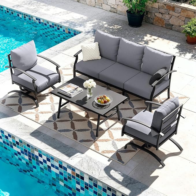 Kullavik Patio Furniture Set,4 Piece Metal Outdoor Patio Furniture Set,All Weather Modern Patio Conversation Sets w/3 Seater Sofa,2 Single Sofas and Coffee Table for Balcony Deck,Grey