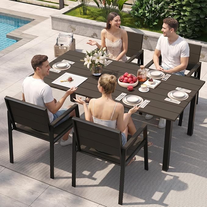 Outdoor Table and Chairs for 4 Aluminum Patio Dining Set with Umbrella Hole | All Weather,HDPS Material,Oversized,5 Piece,for Backyard,Rot-Fade-Crack Proof,Maintenance-Free,Sturdy,Heavy-Duty,Chocolate