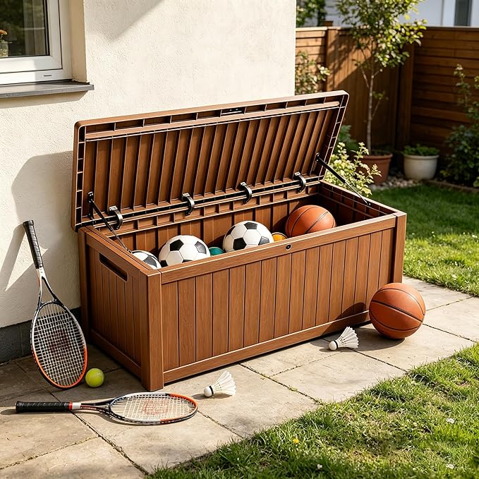 Outdoor Storage Solution with Deck Box Design, Multi-purpose Patio Furniture for Garden Tools, Shoe Storage & Cushions, Strong Storage Bins with Lids Style (brown)