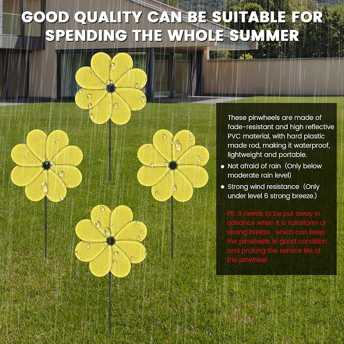 4PCS 11.4" W x 28" H Reflective Pinwheels Sparkly Lawn Wind Spinners Colorful Rainbow Windmill for Garden Decoration Bird Devices Deterrent to Scare Birds Away（Yellow）