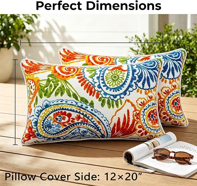 JMGBird Outdoor Lumbar Pillow Waterproof 12x20 Pillow Cover with Insert | Orange Outdoor Pillows covers with insert Outdoor Throw Pillows waterproof Pillows for couch