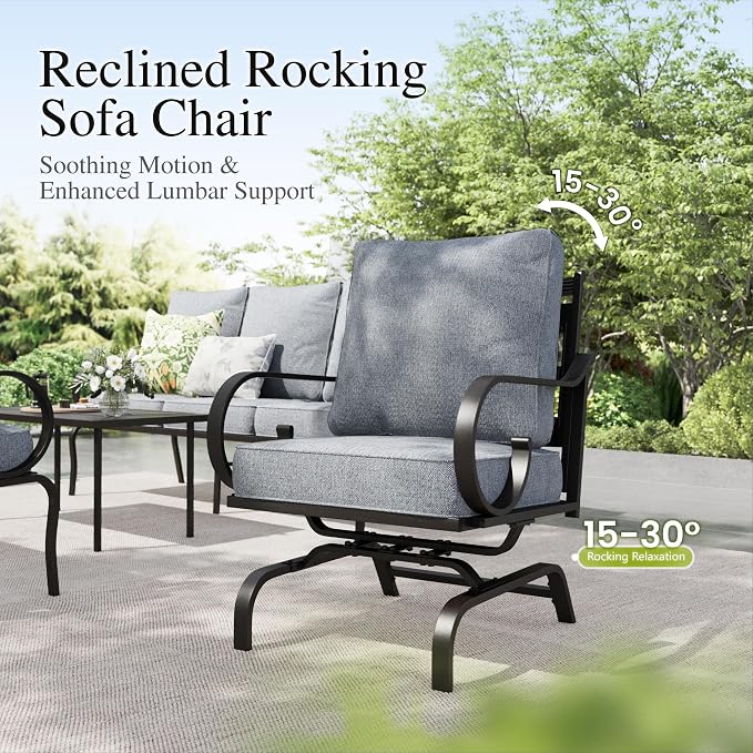 Sophia & William Patio Conversation Set for 7, 3-Seater Sofa, 2 Fixed Chairs, 2 Rocking Chairs and a 45" Fire Pit Table, Metal Outdoor Furniture with 5.75" Extra Thick Cushions, Grey