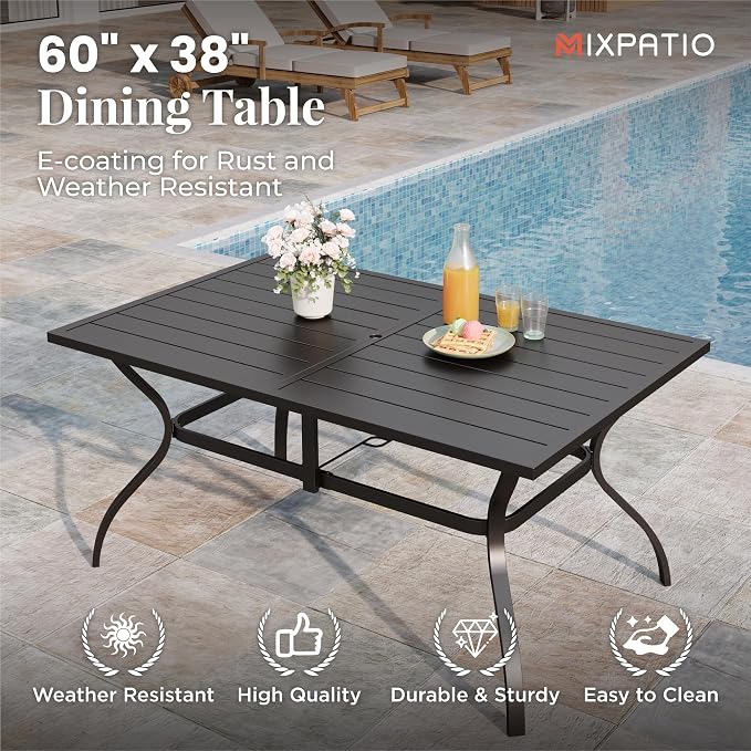 MIXPATIO Patio Table and Chairs Set, Patio Dining Set for 6 with Brown Chairs and Metal Rectangular Table for Deck Backyard Lawn Poolside