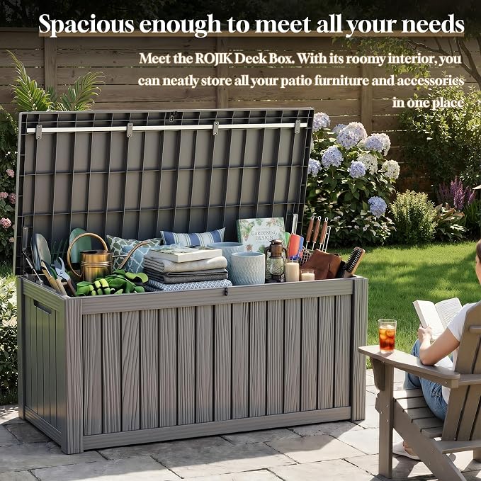 ROJIK 150 Gallon Outdoor Storage Box Waterproof,Weatherproof Deck Boxes Outdoor Lockable,Resin Outside Storage Box for Garden Tools,Cushions,Pool Accessories(Grey,150 Gal)