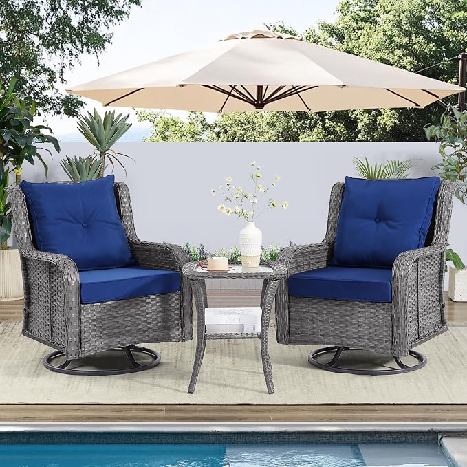 Wumiokio Patio Furniture Sets, 3 Pieces Wicker Outdoor Furniture - 360 Degree Swivel Rocking Chairs and Rattan Side Table for Garden,Porch,Backyard (Grey Wicker/Blue Cushion, 3PCS - Swivel Chairs)