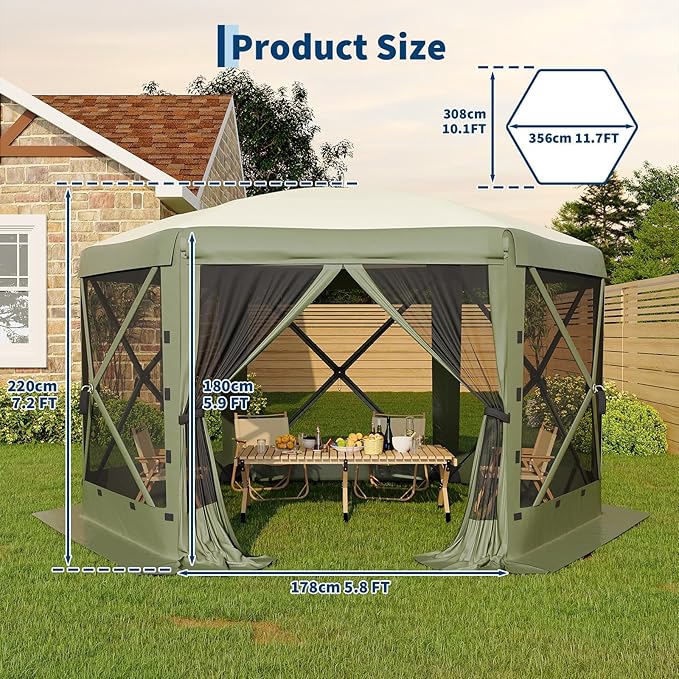 GarveeLife 11.5x11.5FT 6-Sided Pop Up Gazebo Tent，One-Push Setup Canopy Tent with Mesh Panels & Removable Wind Cloths, Outdoor shelter for Camping, Backyard Parties, Outdoor Events - Army Green