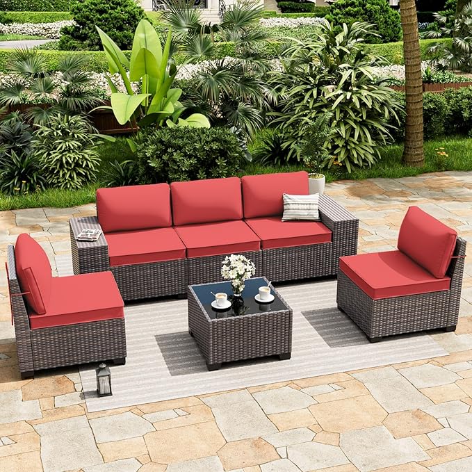 ALAULM 6 Pieces Patio Furniture Set, Oversized Seat/Armrest and High Back Wicker Sectional Furniture Set with Thick Cushion for Backyard, Garden, Red