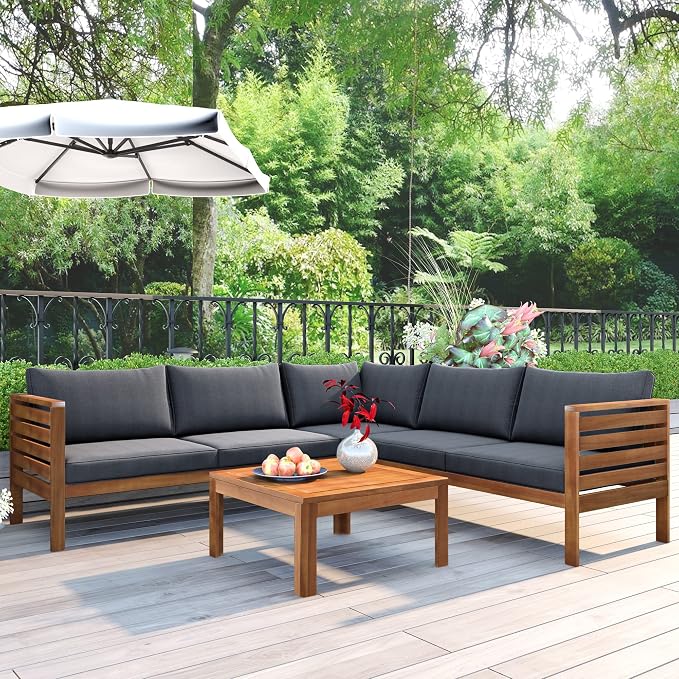 4 Piece Outdoor Patio Sectional Sofa w/Comfort Seat Cushions, All Weather Acacia Wood Patio Sectional Conversation Seat with Plus Coffee Table and Strong Metal Accessories, Water-resistant (Grey+AC)