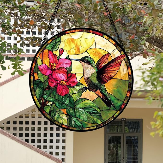 Stained Glass Suncatcher, Hummingbird Red Flowers Green Leaves Sun Catcher Stain Glass Window Hanging Decoration Mother's Day Birthday Gifts for Bird Lover Women Men Mom Nana 6.3 in