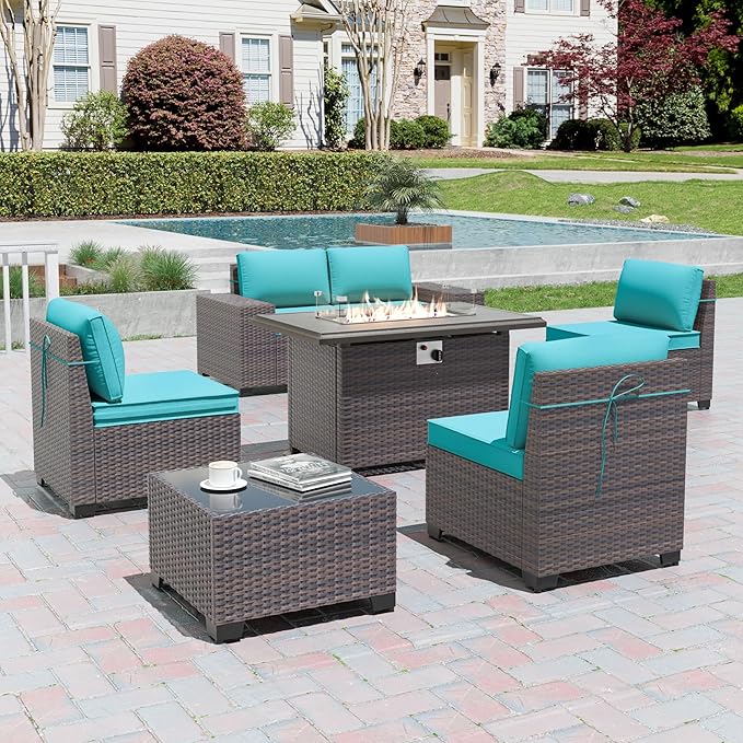 7 Pieces Outdoor Patio Furniture Set with 43"/55000BTU Gas Fire Pit Table,PE Rattan Wicker Outdoor Conversation Sofa Set Non-Slip Cushions Waterproof Covers for Backyard,Poolside,Garden,Blue