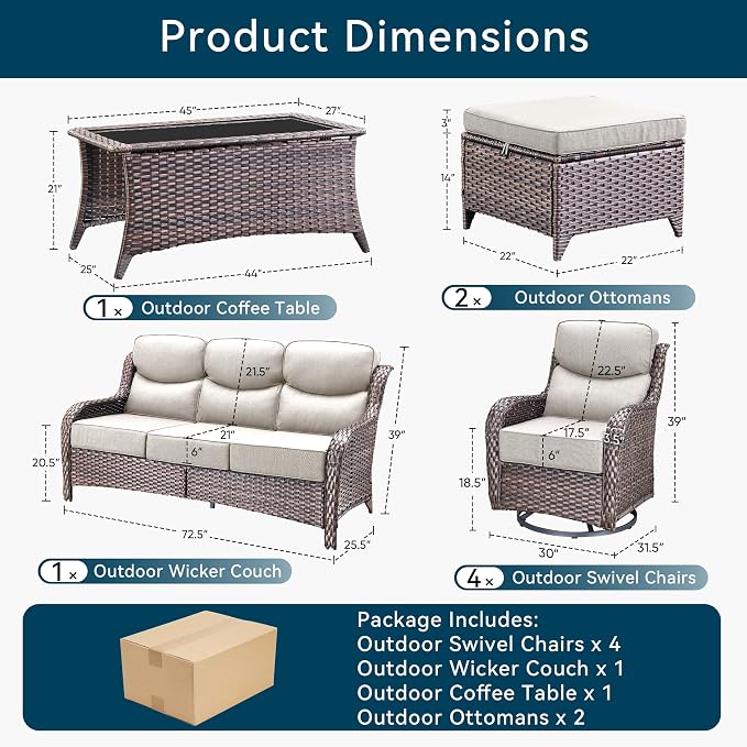 Luxury 8 Pieces Outdoor Patio Furniture Set-All Weather Wicker Swivel Rocker Patio Chairs with 6" Thick Cushion Rattan Sofa Coffee Table, Outdoor Conversation for Garden Porch Backyard(Brown/Beige)