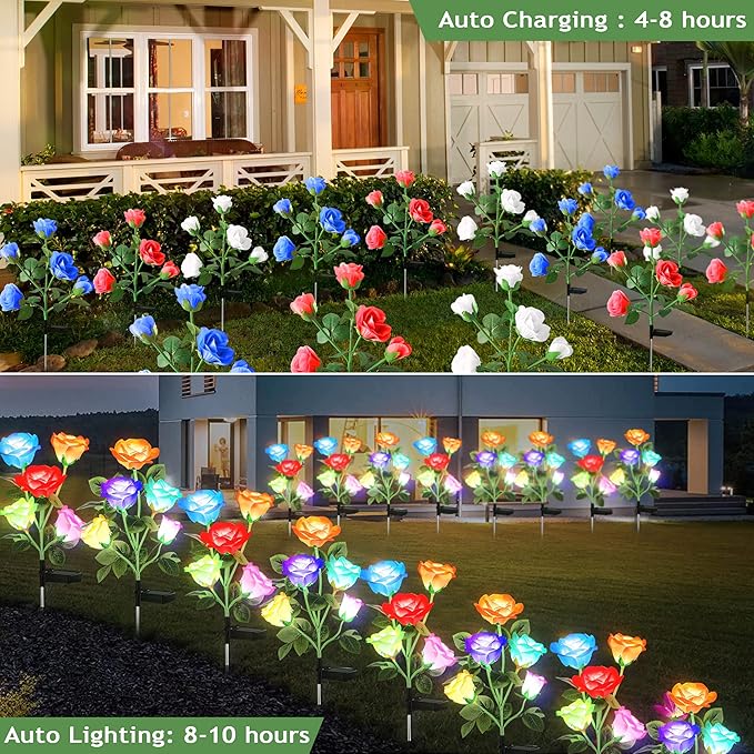 10 LED 7-Color Changing Solar Rose Flower Lights Garden Decorations Outdoor Waterproof Decorative Stake Lights for Patio Pathway Yard Lawn Decor(2 PCS Red)