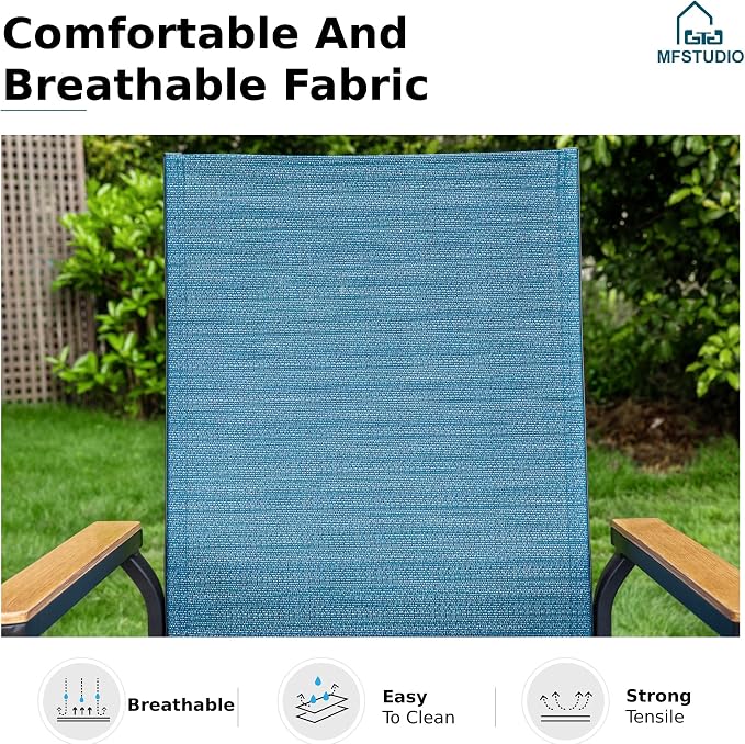 MFSTUDIO 9 Piece Outdoor Dining Set, Metal Table & Aluminum Chairs, Blue | Stackbale chairs, Light-weight & space-saving, Square Table, Umbrella Hole, Patio deck, 8 person