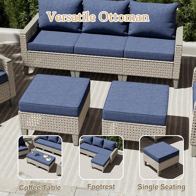 7 Pieces Patio Furniture Set with Ottomans, Modern Outdoor Sectional Sofa with Comfy Cushions, Modular Wicker Rattan Patio Conversation Set for Garden Poolside Deck, Navy