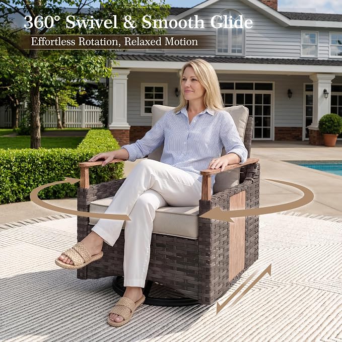 Nestnook 6 Pieces Patio Furniture Set, Outdoor All-Weather Handwoven PE Wicker Swivel Chairs, Conversation Set with Coffee Table, Sofa with Thick Cushion & Ottoman for Backyard, Deck & Poolside, Beige
