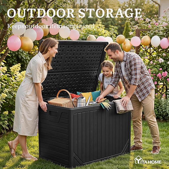 YITAHOME 230 Gallon Extra Large Outdoor Storage Box, Waterproof Double-Wall Deck Box with Hydraulic Piston for Garden Tools, Pool Accessories & Cushions, Resin Deck Organizer with Bench Seat(Black)