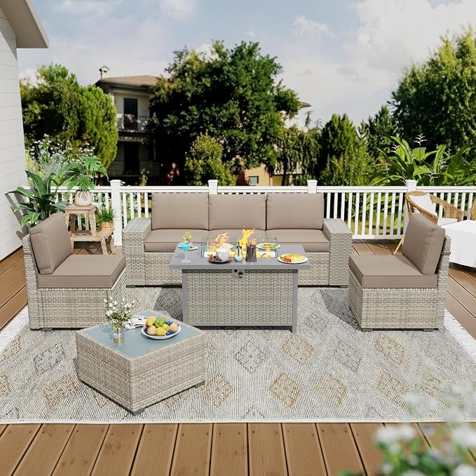 7 Piece Patio Furniture Set with 50,000 BTU Rattan Fire Pit Table that Converts to Coffee Table, 9.8" Wide Arm Sectional Sofa with Storage Armrests, Outdoor Rattan Conversation Set, Khaki