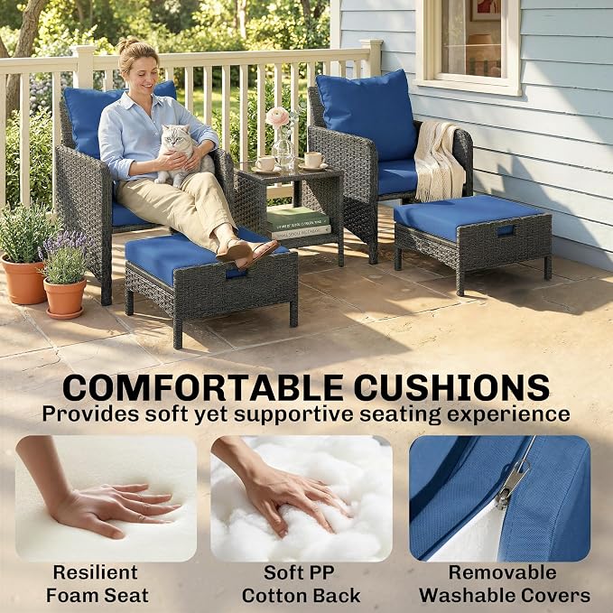 Outsunny 5 Piece Patio Furniture Set, Wicker Balcony Furniture with 23.6" Wide Deep Seat, 2 Ottomans, Glass Coffee Table, Cushions, Rattan Outdoor Conversation Patio Set for Garden Porch, Navy Blue