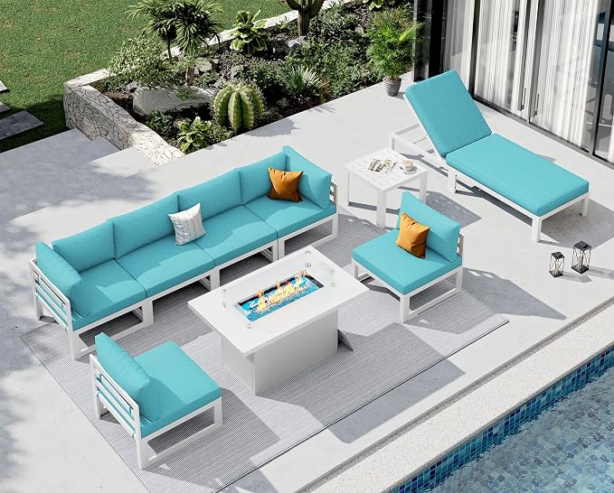 NICESOUL Modern Aluminum Patio Furniture Set, 9 Piece Modular Oversized Outdoor Sectional Sofa with Chaise Lounge, 500 lbs Heavy Duty Comfortable Conversation Set for Poolside Garden Deck, Turquoise
