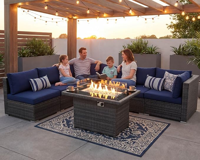 NICESOUL 29.3'' High-Back Outdoor Patio Conversation Set with Fire Pit Table Gas Propane Dual-Fuel, 7 Pcs Oversized Deep & Wide Seated Wicker Sectional Sofa Furniture Set with Firepit, Navy Blue